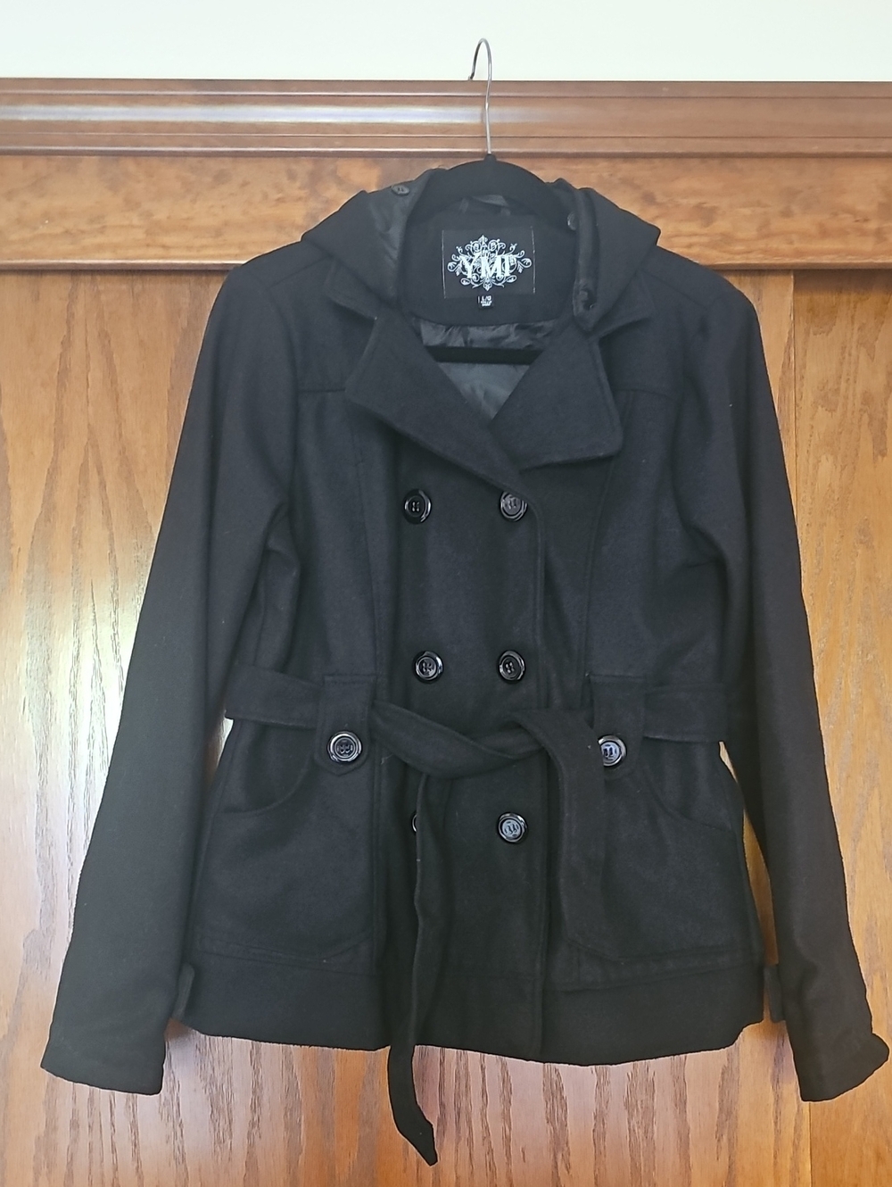 YMI Black Double-Breasted Belted Pea Coat with Hood